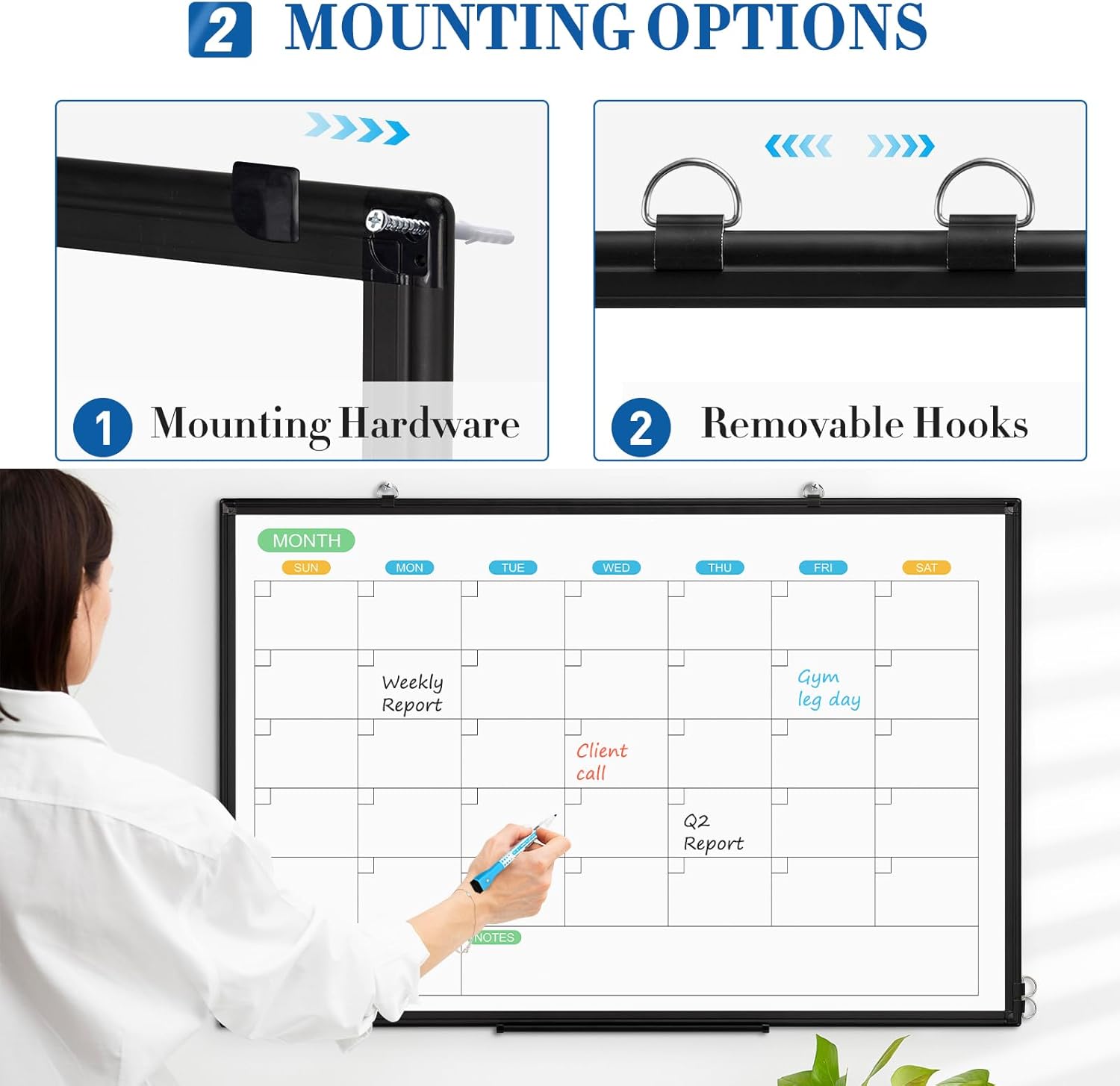 WALGLASS Dry Erase Calendar Whiteboard for Wall, 36 x 24 Double-Sided Monthly Calendar White Board with Black Aluminum Frame, Hanging or Wall Mount Whiteboard for Home, Office, School